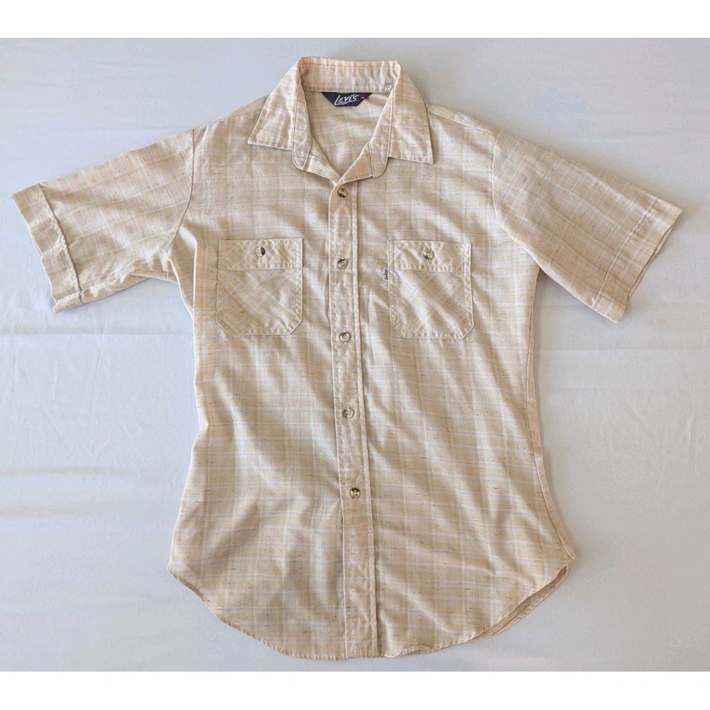 Vtg 70s Levis White Tab S/S Shirt Men's Medium Beige Pink Plaid
